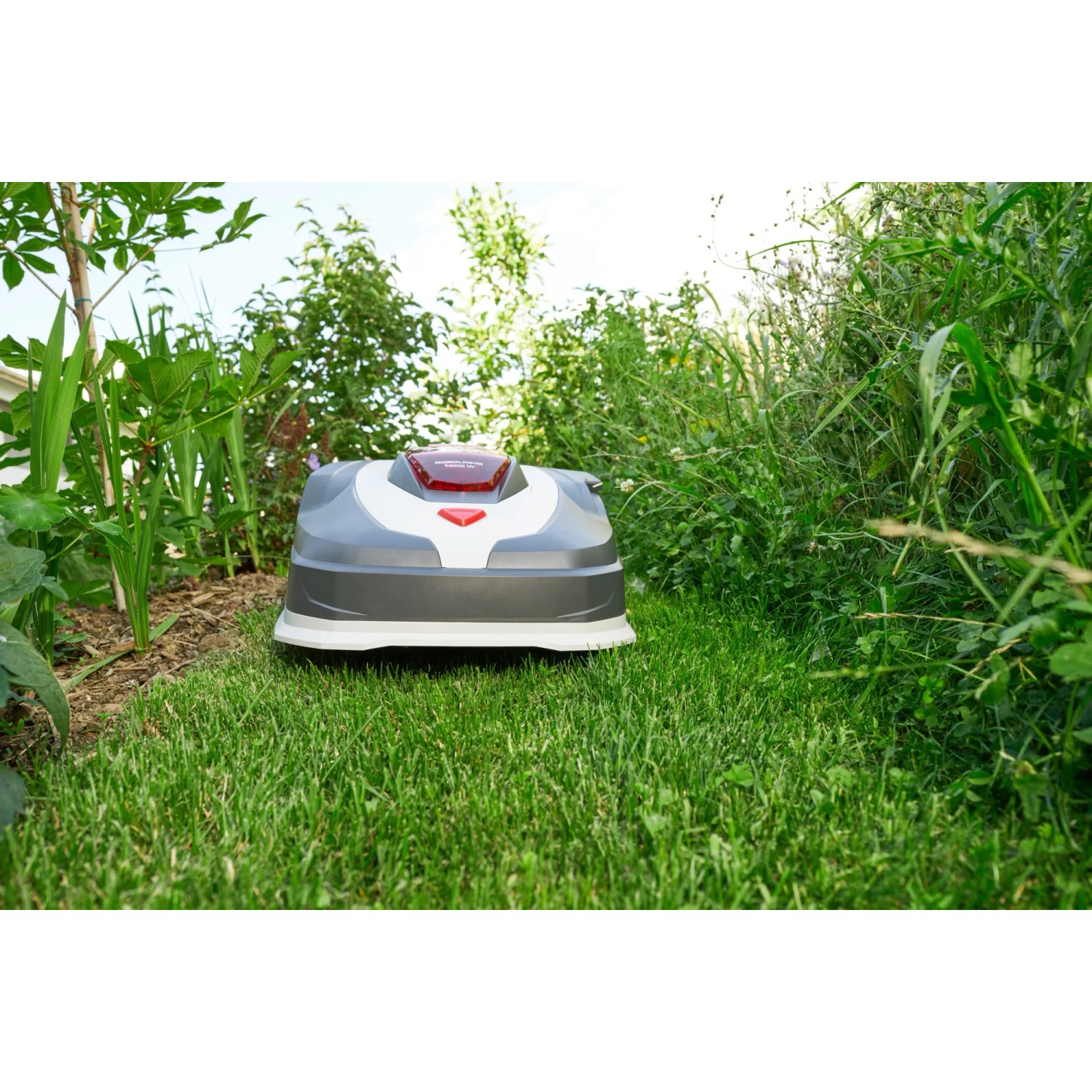 Al-Ko Robolinho 1.300 W Mähroboter in Grau/Weiß auf Rasenfläche.