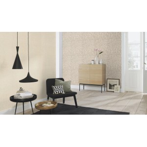 Wohnraum mit Rasch Vliestapete Tapetenwechsel II 651614, Ornament in Taupe. Dekorative Tapete mit Vintage-Muster.