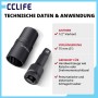 Schwarze Cr-Mo 22mm Stecknuss und 75mm Verlängerung mit technischen Daten. Zeigt 1/2 Zoll Antrieb für Radmutter Set, geeignet für Hand- und Schlagschrauber.