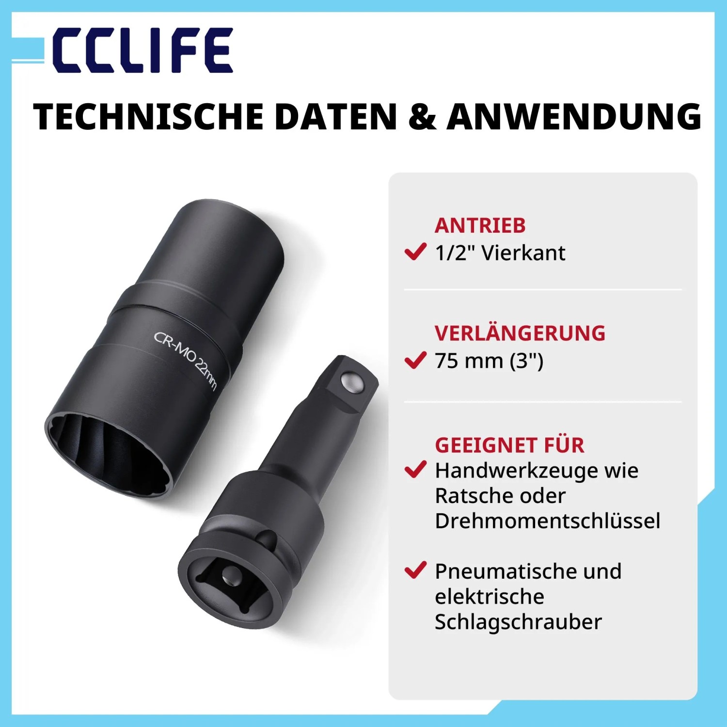Schwarze Cr-Mo 22mm Stecknuss und 75mm Verlängerung mit technischen Daten. Zeigt 1/2 Zoll Antrieb für Radmutter Set, geeignet für Hand- und Schlagschrauber.