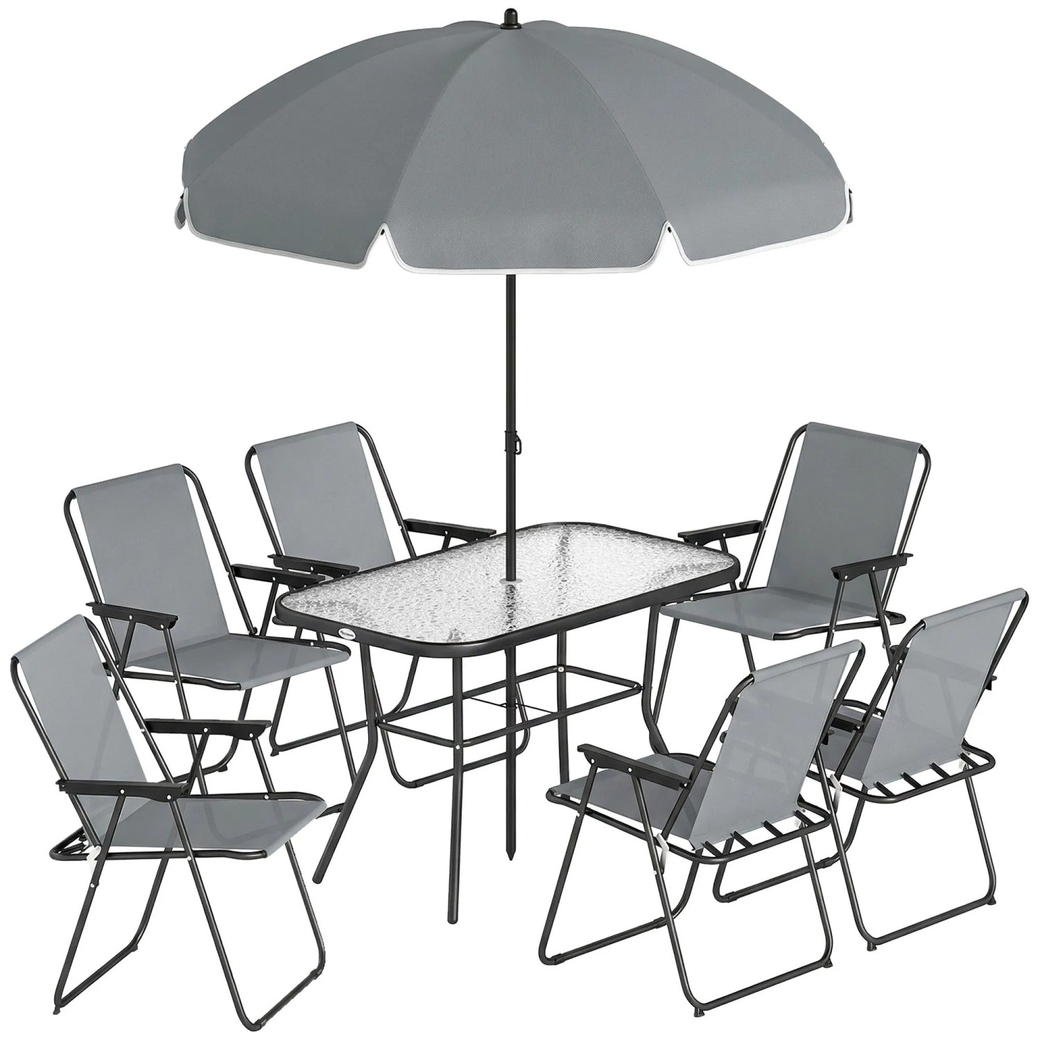 Furnicato Gartenmöbel Set Sitzgruppe 119 X 68cm Glastisch Mit 6 Klappstühlen Sonnenschirm Wasserwellenmuster Grau