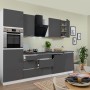Moderne Respekta Küchenzeile GLRP280HWG in Grau Hochglanz mit Granit-Optik und Elektrogeräten.