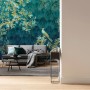 Fototapete Vögel Petrolblau (350x260cm) im Wohnzimmer. Dekorative Wandgestaltung mit Naturmotiven.