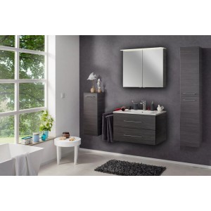 Fackelmann Spiegelschrank B.Perfekt Dark Oak 80 cm im Badezimmer mit Waschbeckenunterschrank und Hochschrank.