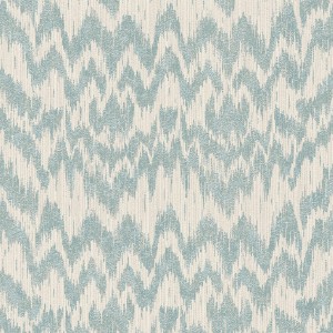 Weiße und blaue Vliestapete mit Batik- und Zickzackmuster in Textiloptik. Dekorative Tapete für Schlafzimmer.