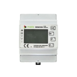 Weißer Matismart Dreiphasen-Energiezähler SEM3350 mit digitalem Display und Tasten für DIN-Schiene.