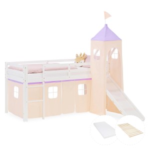 Homestyle4u Kinder Hochbett mit Rutsche, Turm und Vorhang, 90x200 cm, weiß lackiert.