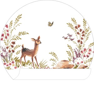Runde, selbstklebende Tapete mit Hirsch-, Blumen- und Vogelmotiven in Grün- und Brauntönen.