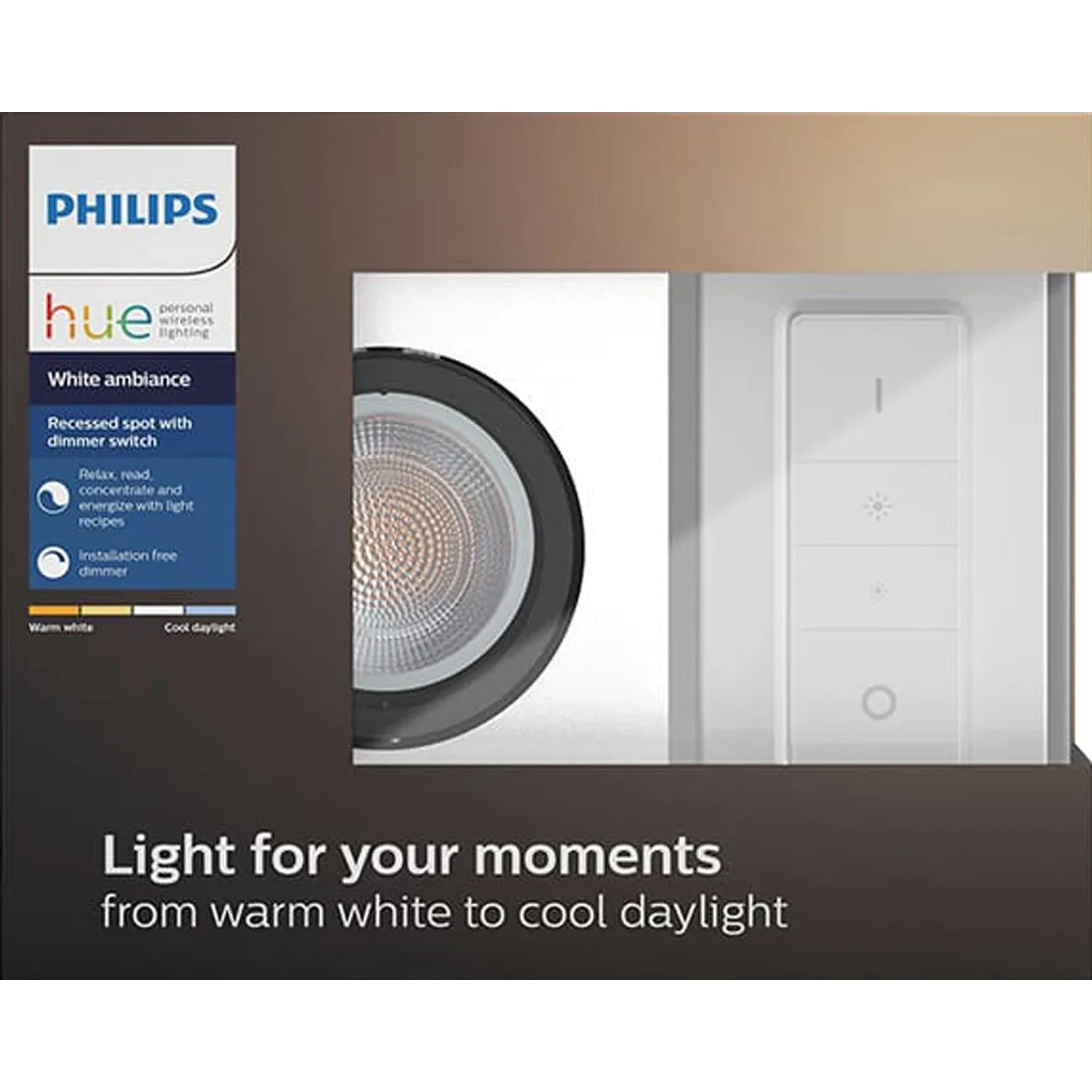 Philips Hue Milliskin LED-Einbauspot mit Dimmschalter, rechteckig, silber.