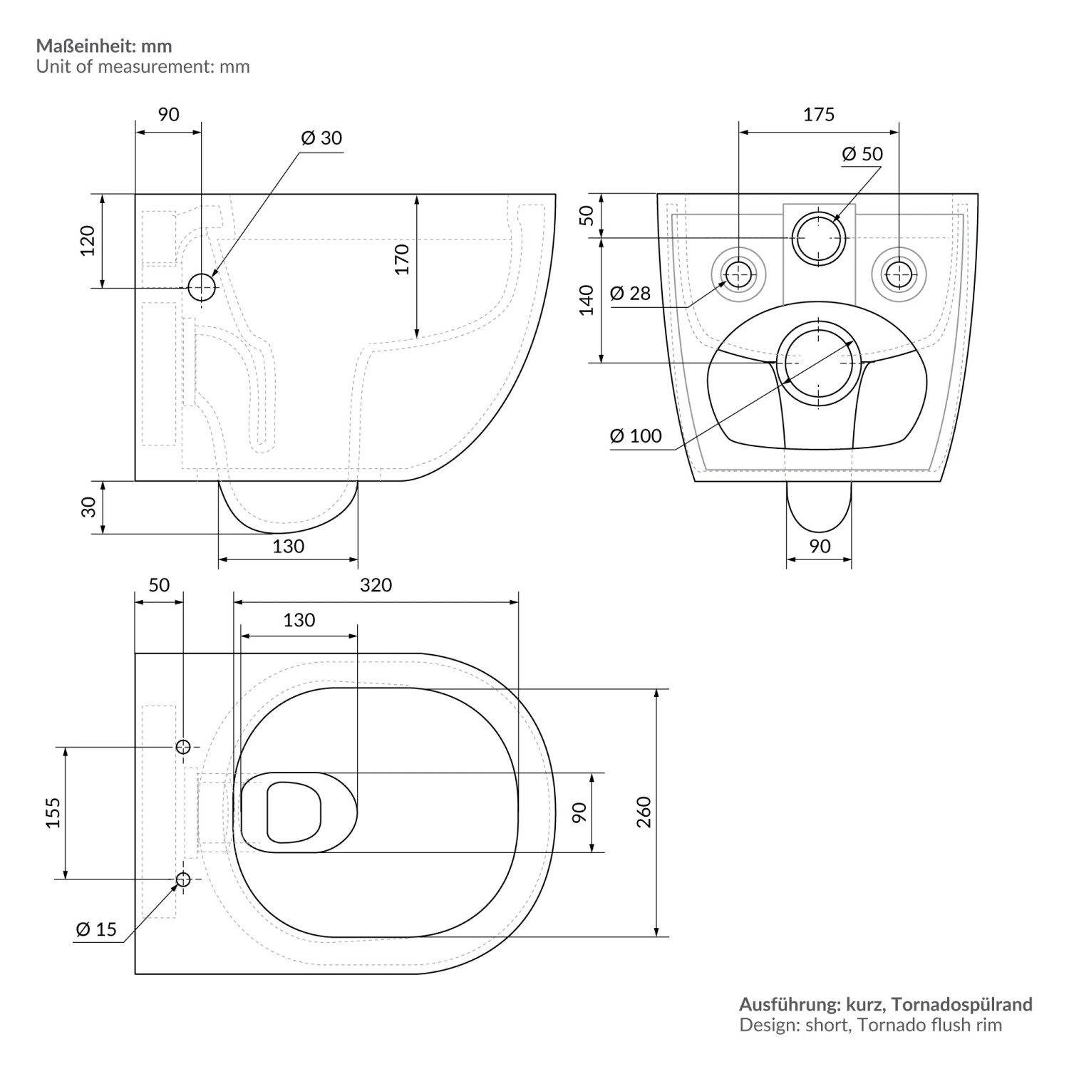 Technische Zeichnung: Wand-WC mit Bidet, spülrandlos, kurze Ausführung, Maße in mm.