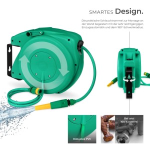 Grüne Tectake Schlauchtrommel mit Automatik und Schnellkupplung für Gartenschläuche.