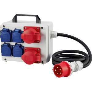 Stromverteiler IP44 für Außenbereich mit 4 Schuko- und 2 CEE-Steckdosen, 1,7m Kabel.