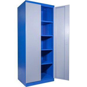 Güde Werkzeugschrank TYP BG in Grau-Blau, mit offener Tür und vier Fachböden.