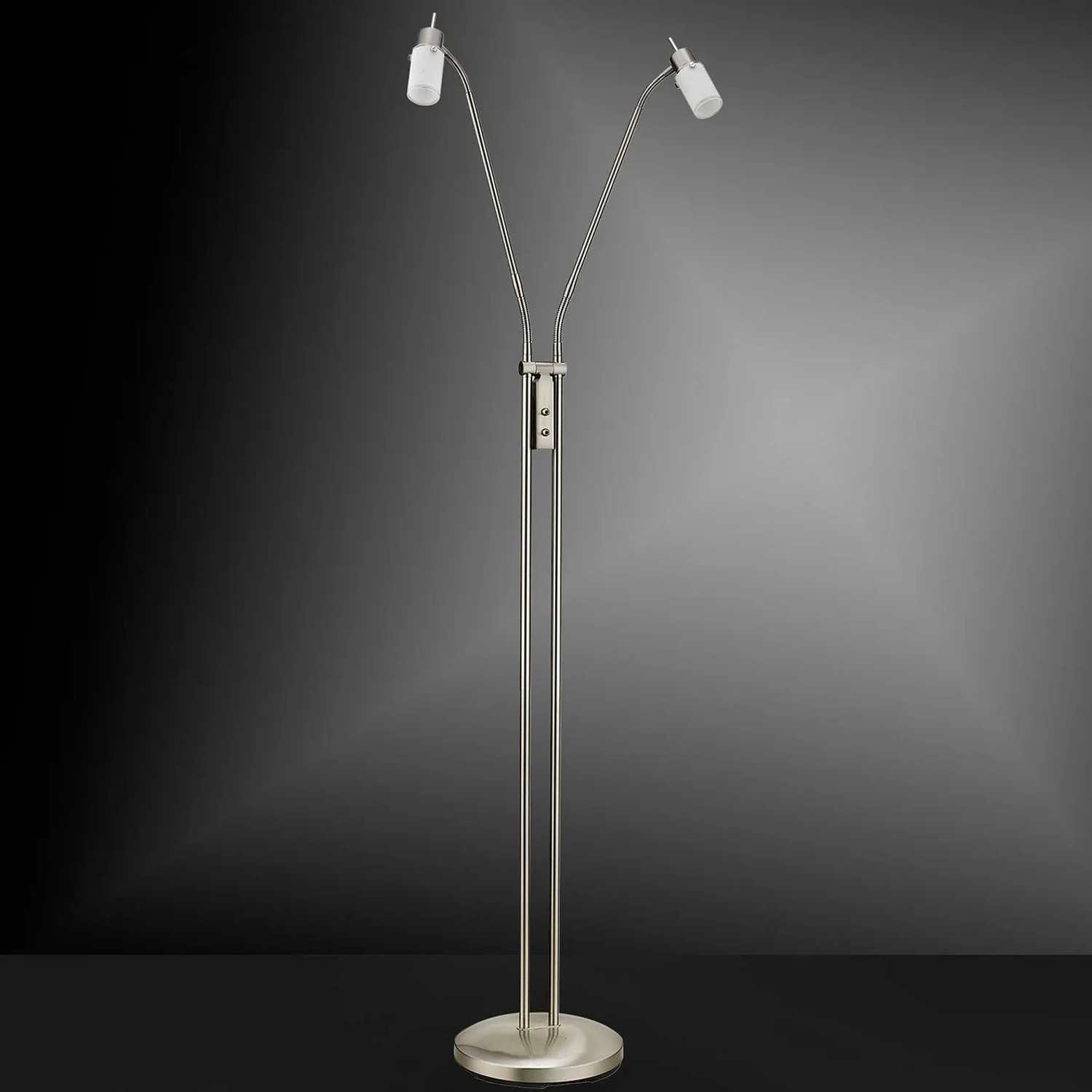 Moderne LED-Stehleuchte Max, 2-flammig, aus Stahl mit satiniertem Glas. Ideal als Leselampe.