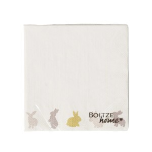 Boltze Servietten Tinka mit Hasenmotiv in Beige, Gold und Grau. Papier Servietten für Tischdeko.