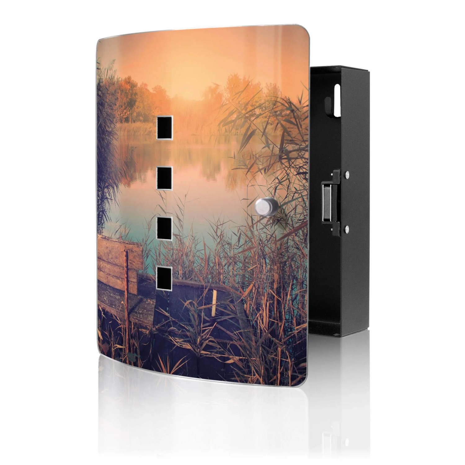 Banjado Design Schlüsselkasten Aus Edelstahl Für 10 Schlüssel 24x21,5x7cm Mit Magnetverschluss Motiv Bank Am See