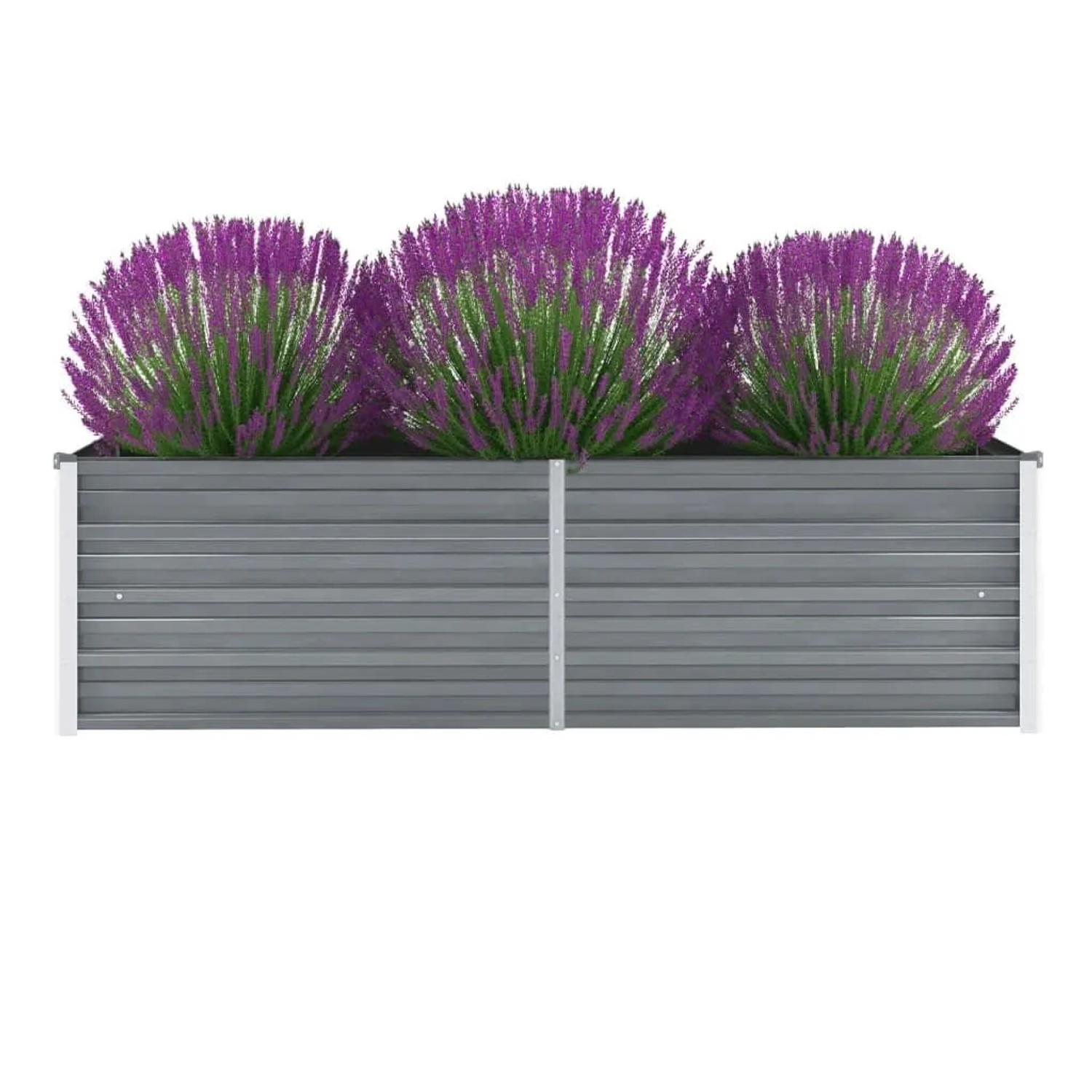 Graues Garten-Hochbeet aus verzinktem Stahl, 160x40x45 cm, mit lila Pflanzen. Ideal für Blumen & Kräuter.