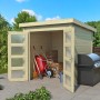 Lasita Holz-Gartenhaus Zambezi 1: Gartenhaus aus unbehandeltem Holz mit geöffneten Türen und Gartengeräten.