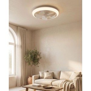 Weißer Eglo LED-Deckenventilator Fernandina mit integriertem Licht in modernem Wohnzimmer. Ideal für kleine Räume.
