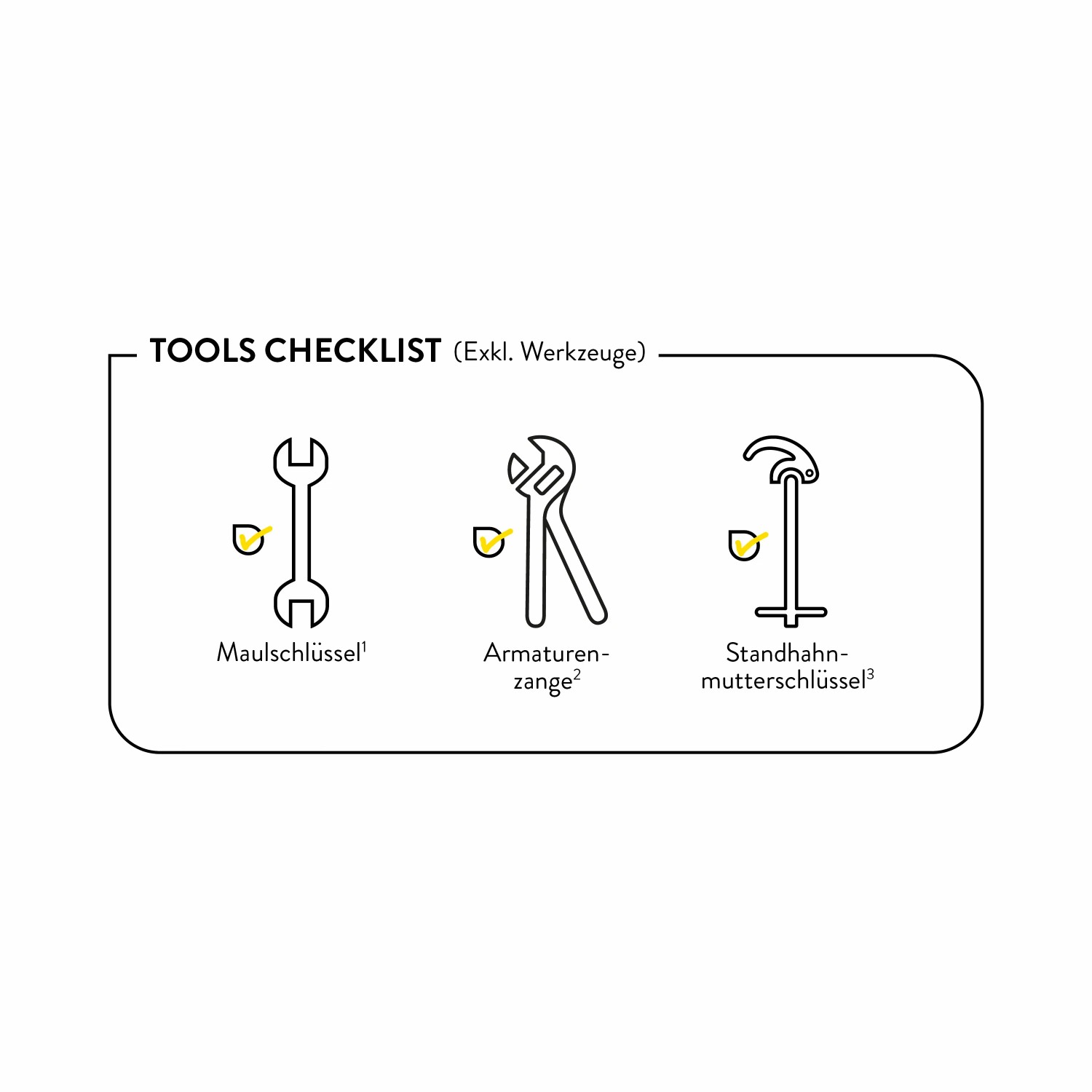Checkliste: Werkzeuge für die Installation der baliv Küchenarmatur (Maulschlüssel, Armaturenzange, Standhahn-Mutterschlüssel).