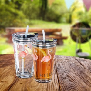Relaxdays 4er Set Glasbecher Glas Pink mit Deckel und Strohhalm 15,5 cm x 9 cm x 9,5 cm 400 g