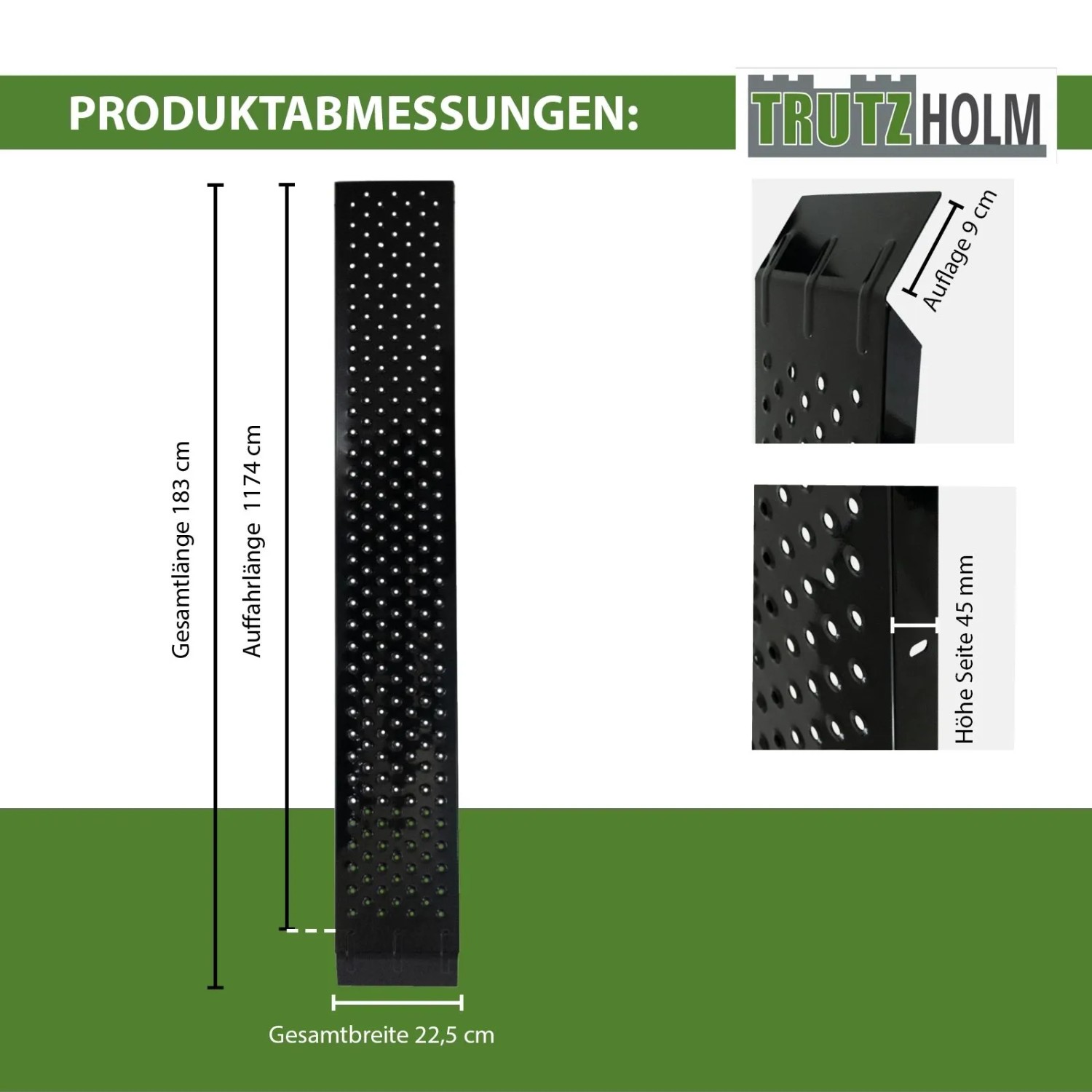 TRUTZHOLM Auffahrrampe Stahl, schwarz. Maße: 183 cm Länge, 22,5 cm Breite. Rutschfeste Lauffläche.