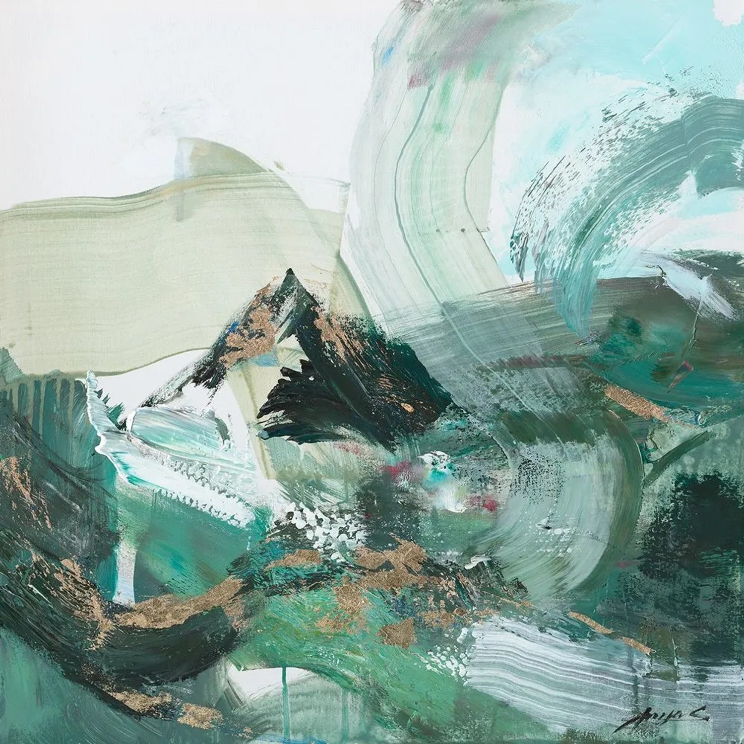 Art Universe Leinwandbild Schwungvolle Variationen in Grün 80 x 80 cm