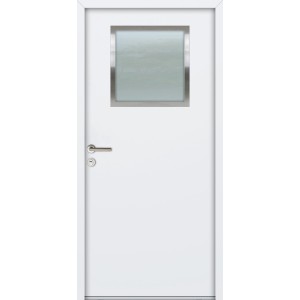 Weiße FM Tür NBT56 K01, 900x1900 mm, mit Glaseinsatz und Türdrücker für Nebeneingang.
