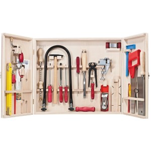 Pebaro Profi-Laubsägeschrank, 32-teiliges Werkzeug-Set im Holzschrank mit Flügeltüren.