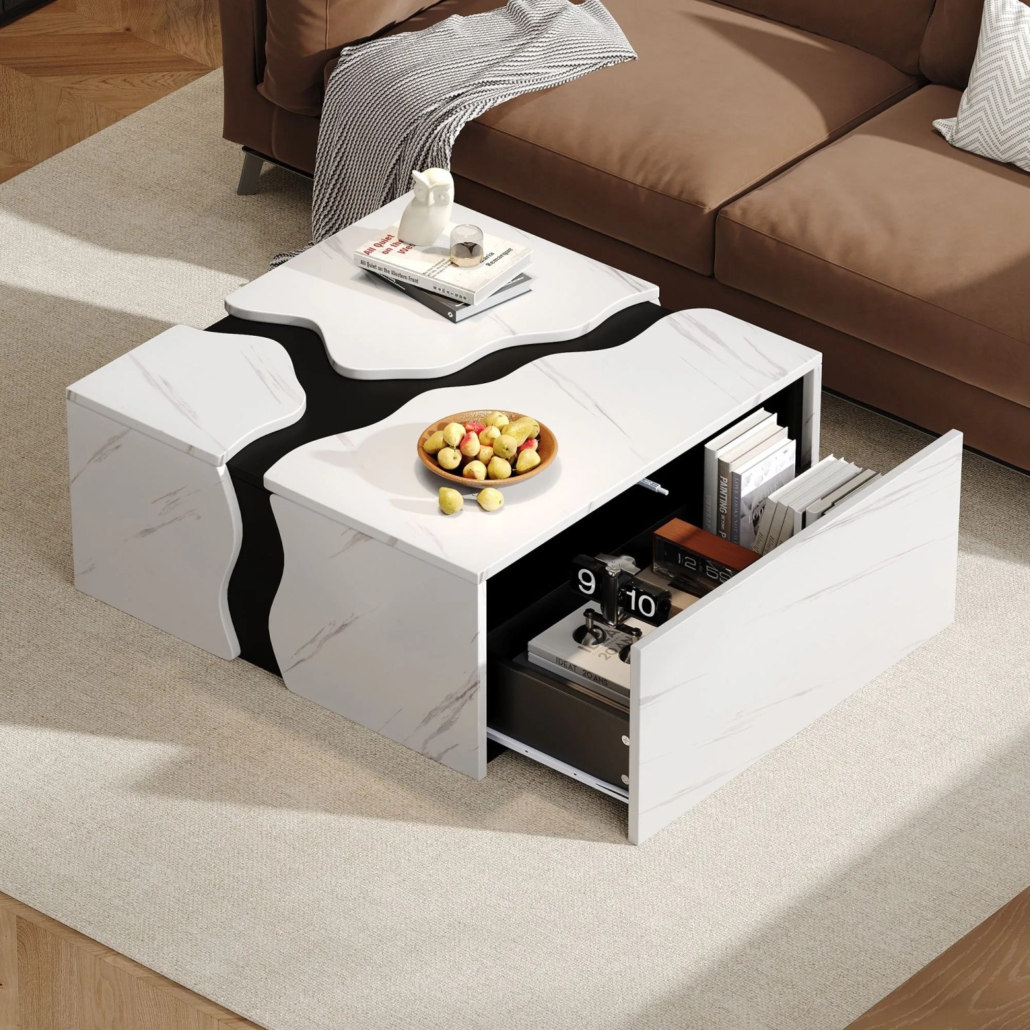 Merax Couchtisch Marmoroptik Schublade Stauraum Wohnzimmertisch 70x70x31 cm
