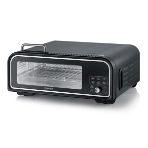 Schwarzer Severin Pizzaofen Serico PG 8575 mit digitalem Display und Zubehör.