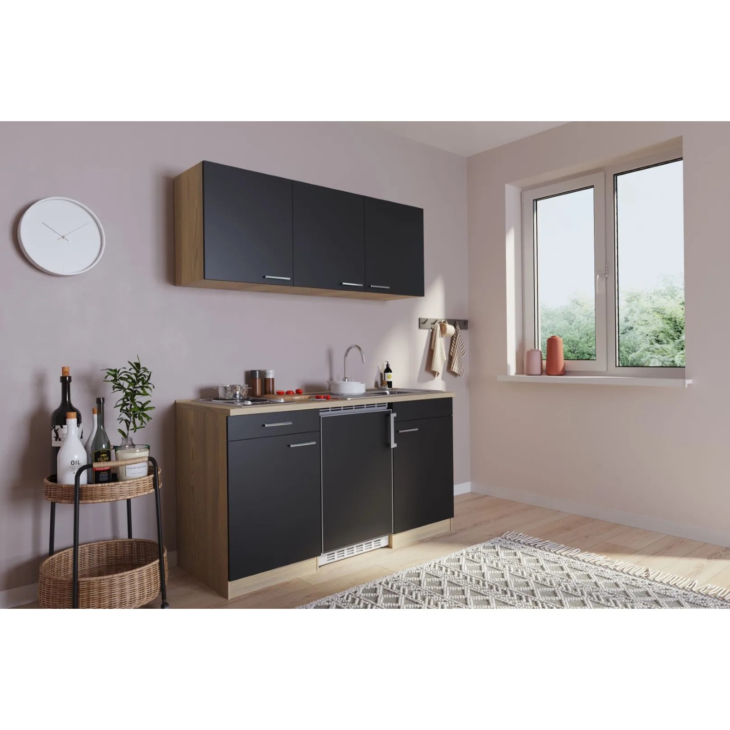 Respekta Küchenzeile KB150ESS, 150 cm, Schwarz und Eiche Sägerau, mit Spüle und Kühlschrank.