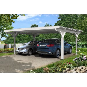 Weißer Skan Holz Carport Odenwald mit zwei geparkten Autos. Doppelcarport mit Flachdach und geraden Kopfbändern.