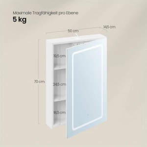 Weißer EUGAD Spiegelschrank 50x70 cm mit LED-Beleuchtung, offener Spiegeltür, verstellbaren Einlegeböden und Steckdosen.