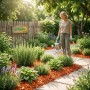 Orange Galamio Holzhackschnitzel als Mulch in einem sonnigen Gartenbeet. Eine Frau gießt Pflanzen. Ideal für farbige Gartengestaltung.