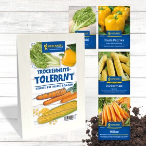 Gemüsesamen-Set mit trockenheitstoleranten Sorten: Mangold, Paprika, Zuckermais und Möhren.