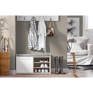 SoBuy Sitzbank FSR109-WN mit Stauraum, weißes Holz, Schuhtruhe mit Sitzkissen und Schuhregal.