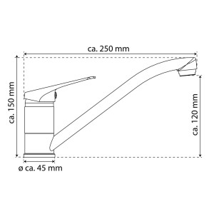 Technische Zeichnung: Eisl Spültischarmatur Speed, schwarz matt/chrom, mit Maßangaben.