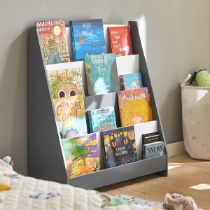 Graues SoBuy Kinder Bücherregal KMB32-HG mit 4 Ablagen für Kinderbücher und Spielzeug.