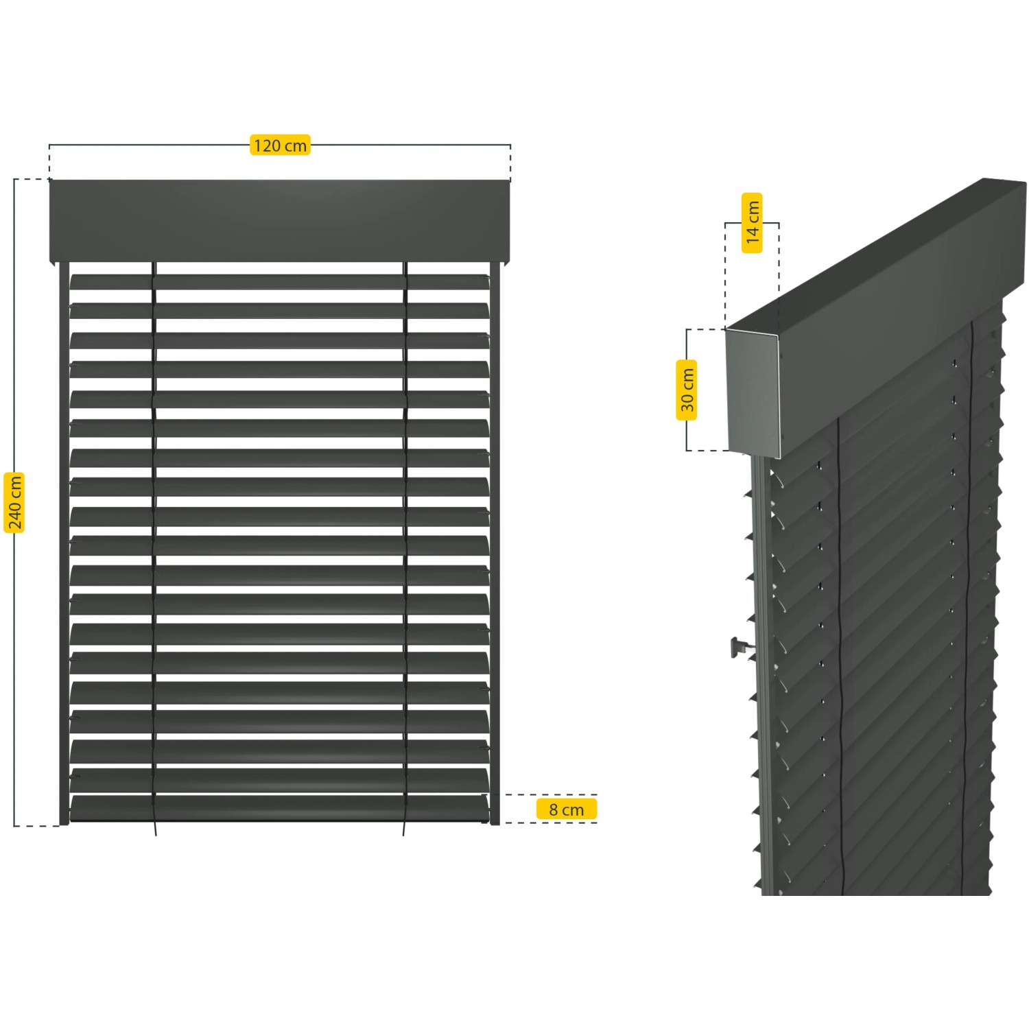 Schellenberg Raffstore Express mit Motor, 120x240 cm, Anthrazit, Maße und Detailansicht.