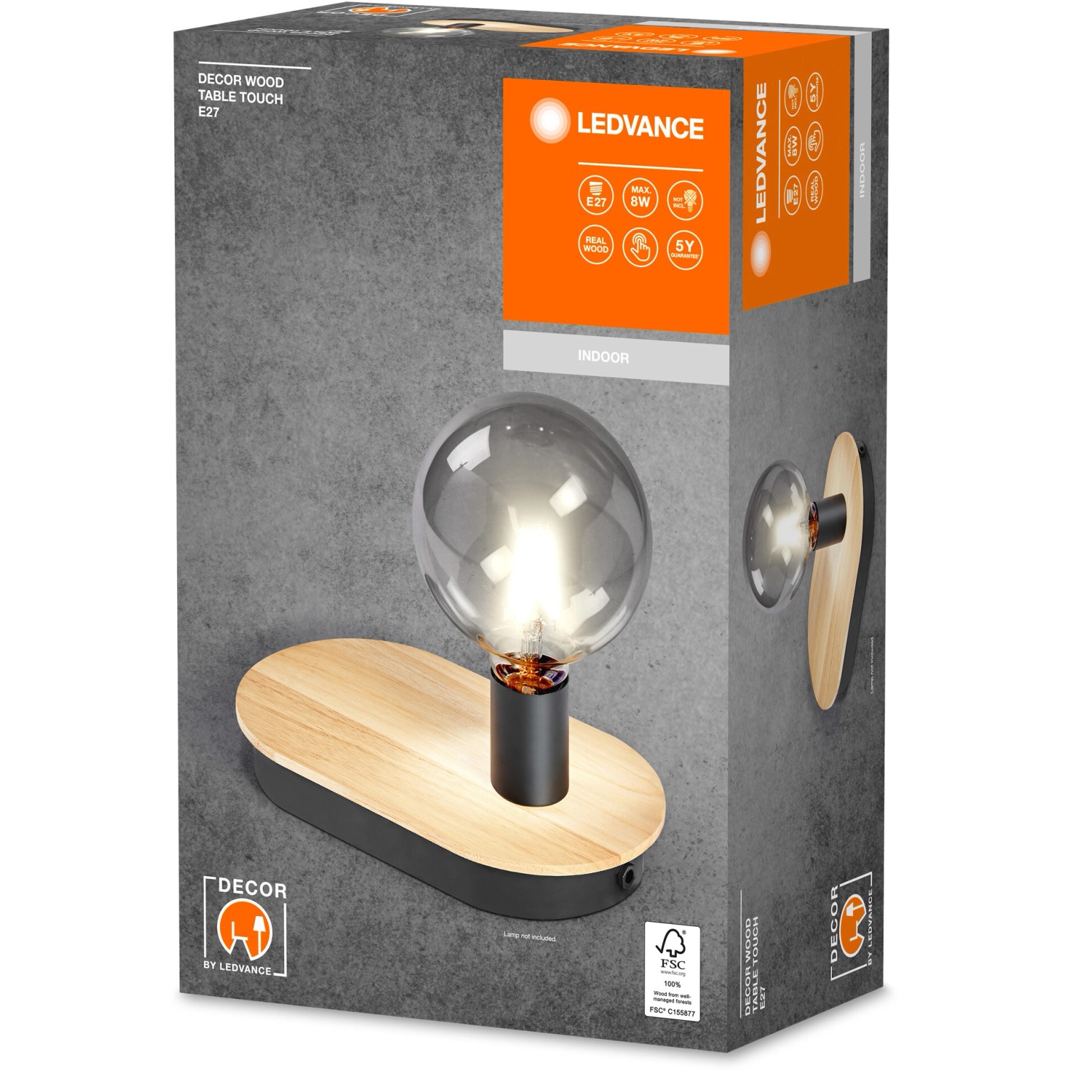 Ledvance Tischleuchte Decor Holz, braun-schwarz, E27 Fassung. Dekorative LED-Tischlampe im modernen Design.