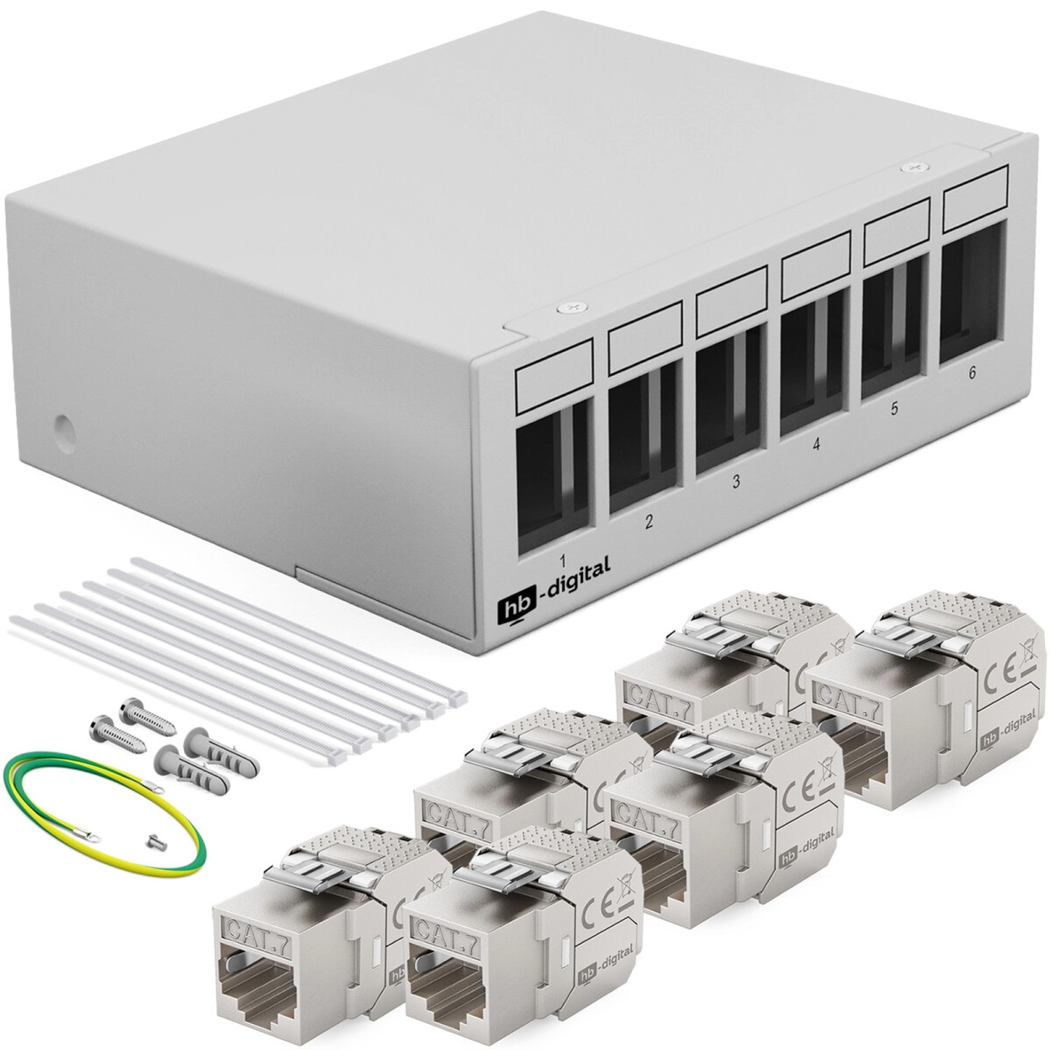 hb-digital Patch Panel 6 Port mit 6x Keystone Module Cat 7 Hellgrau
