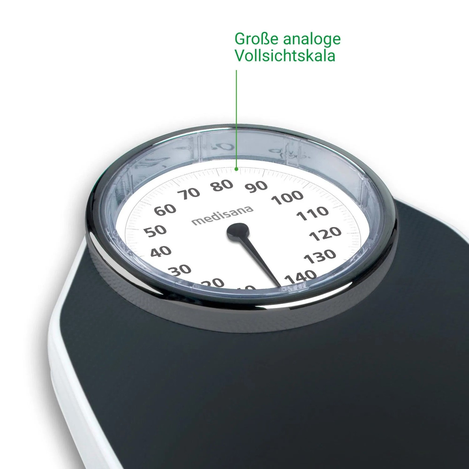 Analoge Skala der medisana Personenwaage mit schwarzem Zeiger und Anzeige bis 150 kg. Klassisches Retro-Design für Ihr Bad.