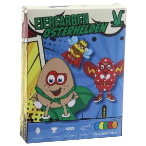 Eierfarben Osterhelden, Flüssigfarben zum Heißfärben im Comic-Design.