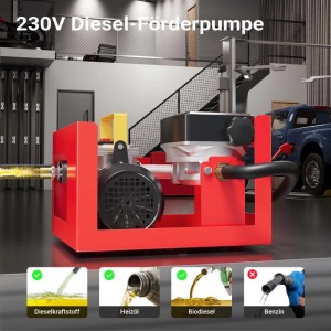 Rote Wiltec Heizöl- und Dieselpumpe 230V, selbstansaugend, mit Schlauch. Fördert Diesel, Heizöl, Biodiesel. Zubehör für Kompressoren.