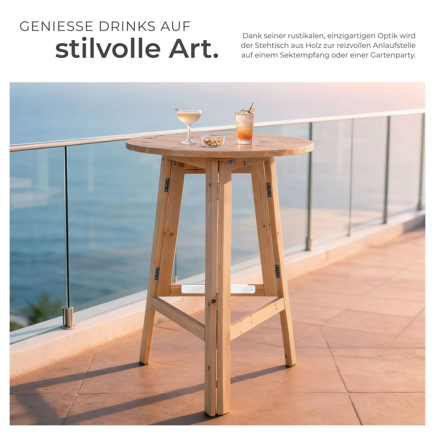 Runder Tectake Stehtisch Trix aus hellem Holz, klappbar, auf einer Terrasse mit Getränken. Ideal für Partys.