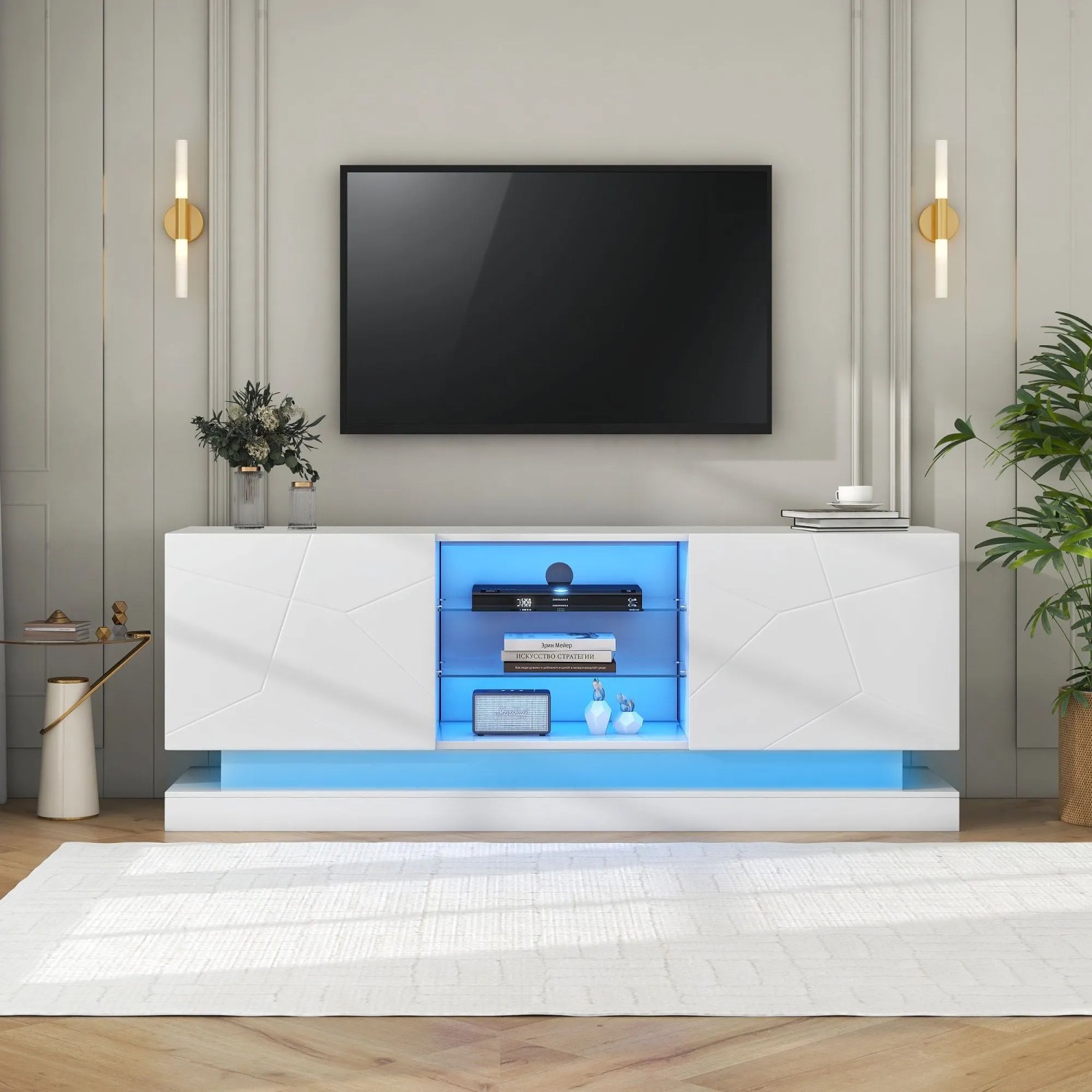 Merax TV Lowboard 160 cm Glasablage Für 70 Zoll TV Weiß