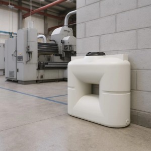 Weißer KMND 1000L Flach Wassertank aus Kunststoff für Trinkwasser, seitlich an Wand stehend.