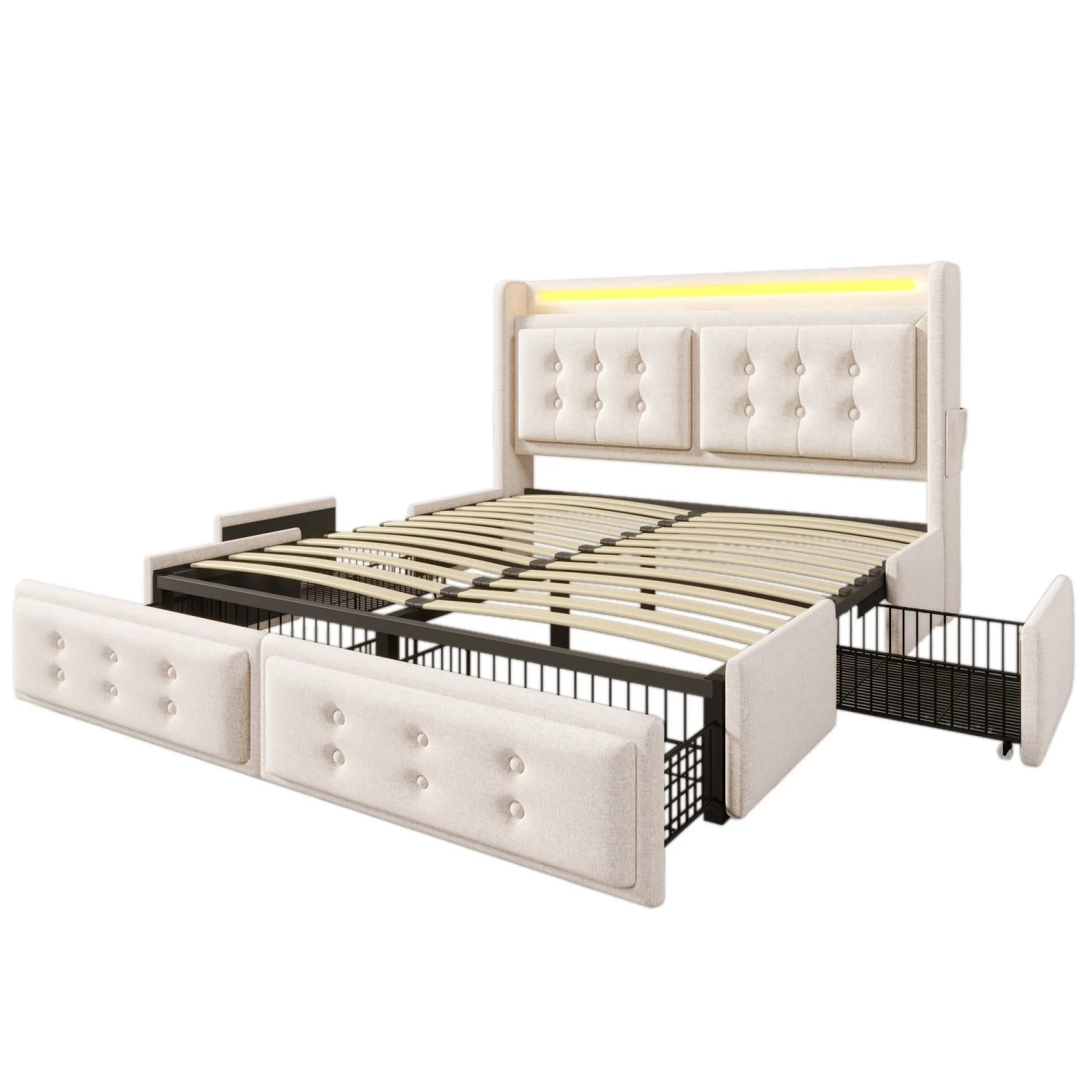 okwish Polsterbett 140x200cm mit LED Kopfteil Schlafzimmer Beige ohne Matratze