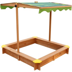 Axi Sandkasten Lily mit Dach, 118x118 cm, aus FSC®-Holz mit grün-blauem Sonnenschutz.